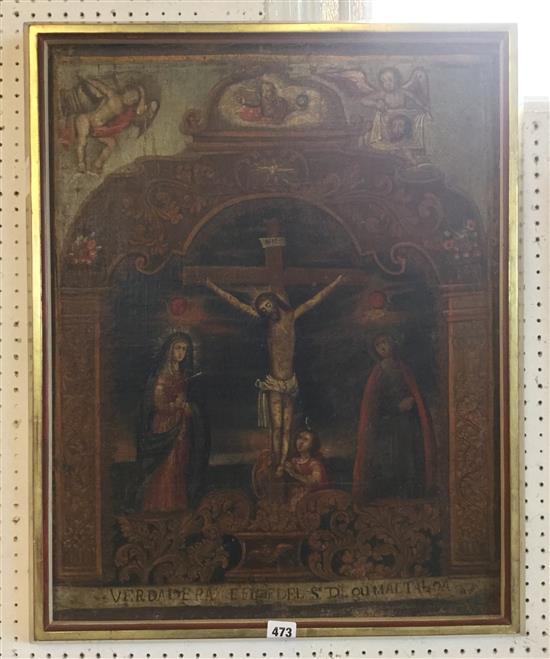 Spanish oil on canvas, laid on board, Religious scene, The Crucifixon